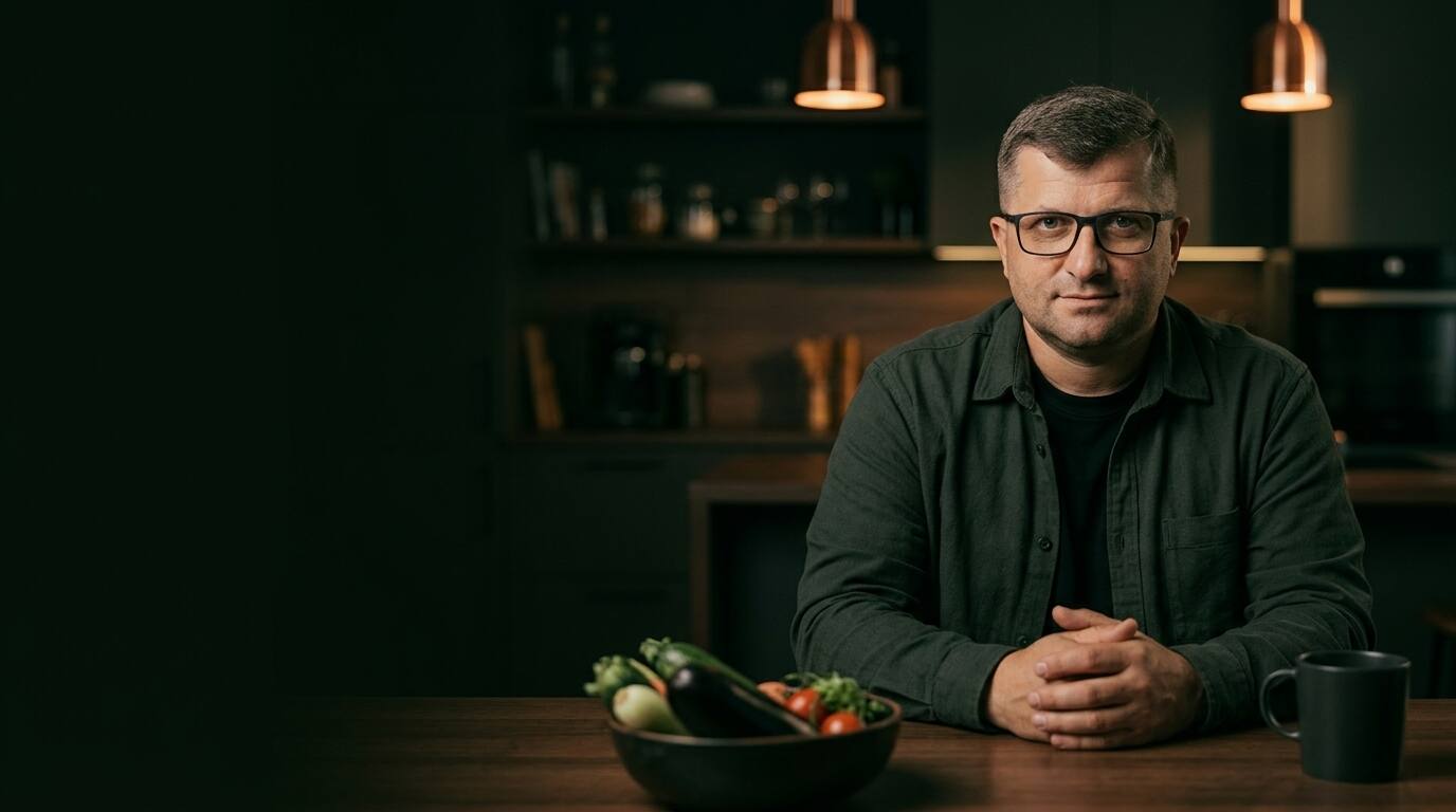 Anatol Maidanschi, nutriționist, la masa din bucătărie